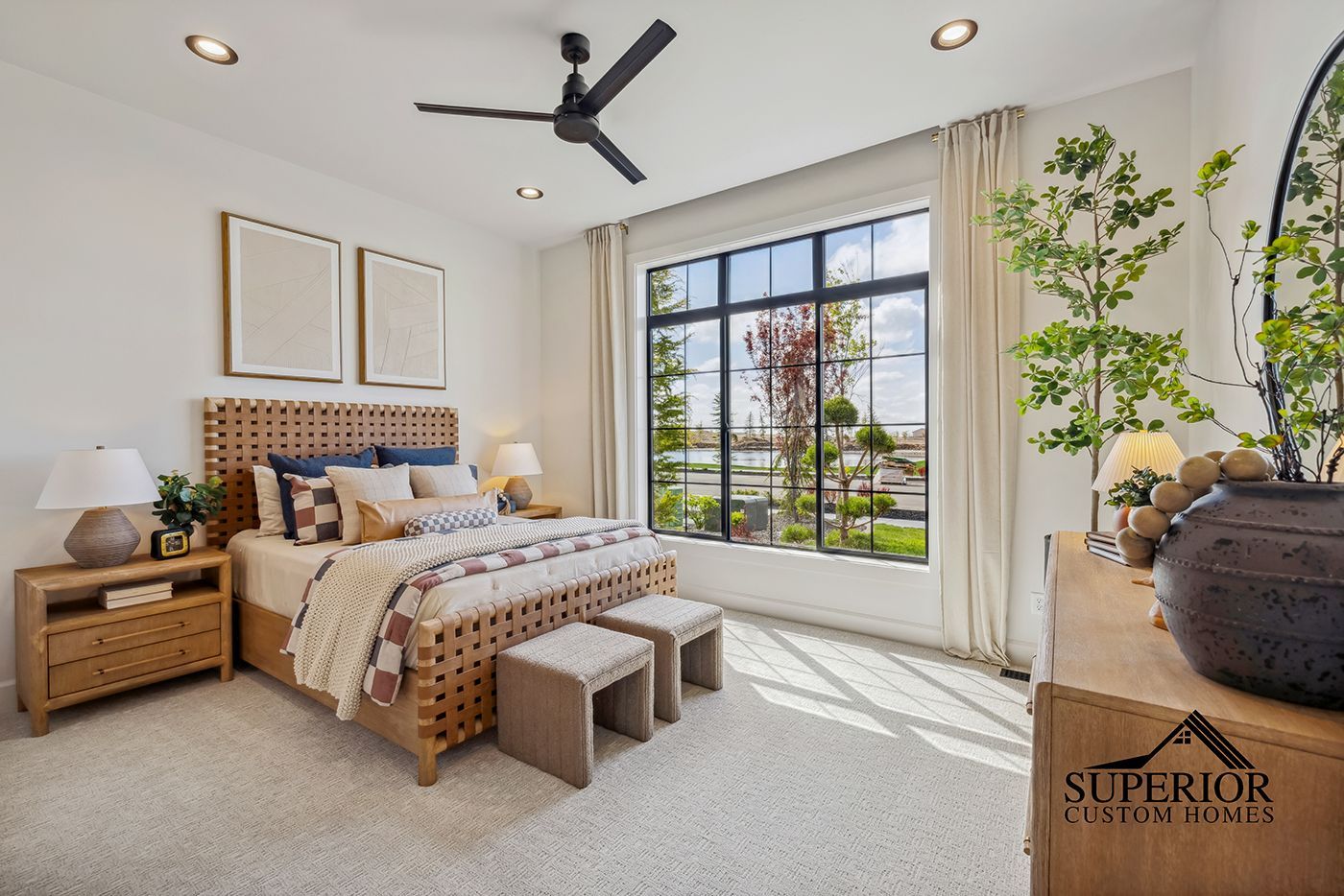 A bedroom with a bed , dresser , nightstand , and ceiling fan.