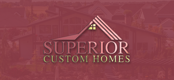 A red background with a house and the words superior custom homes