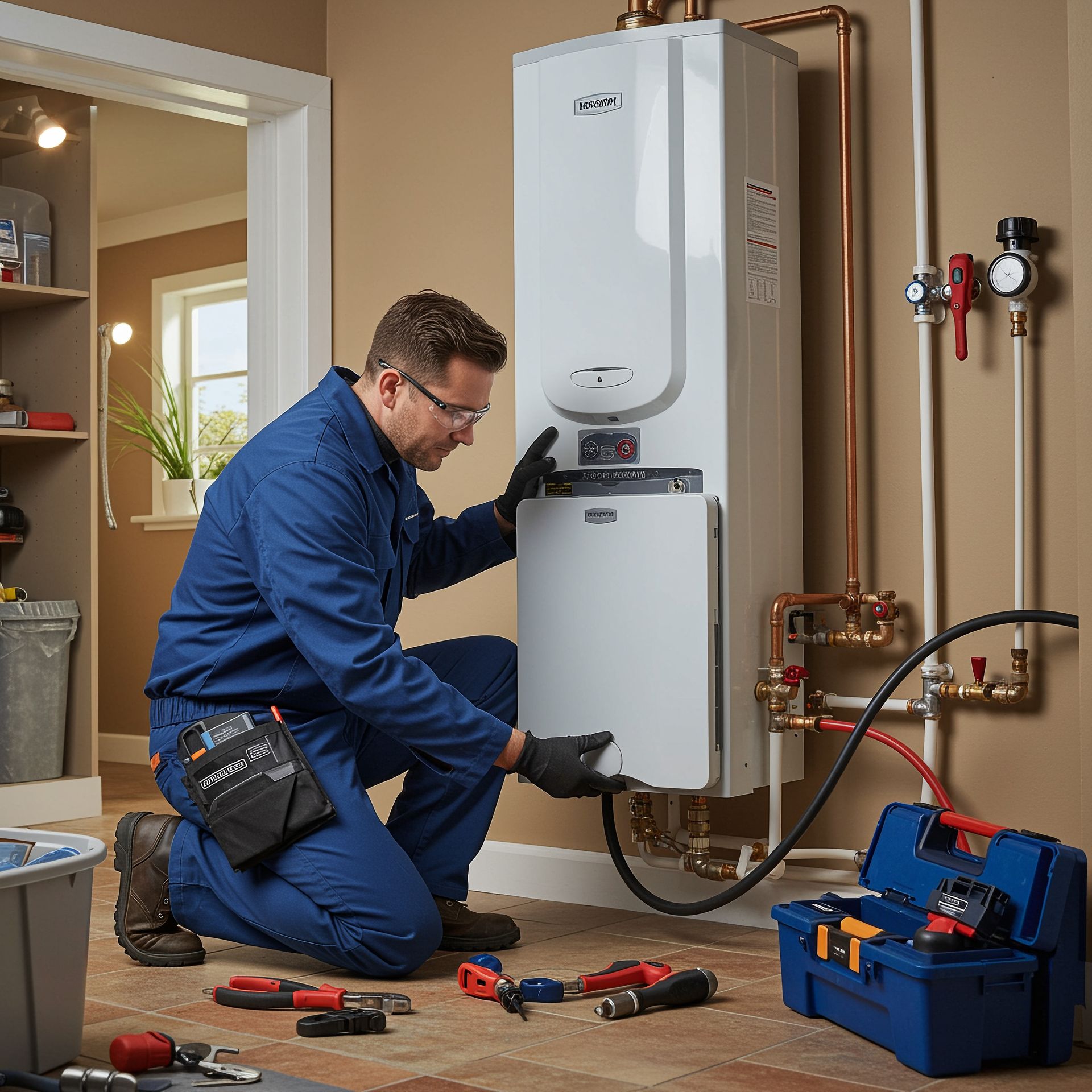 A technician in blue workwear kneels while repairing a white tankless water heater on a wall with tools on the floor.