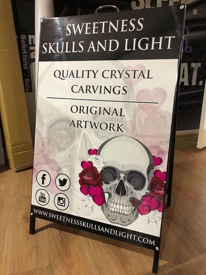 A Sign That Says Sweetness Skulls and Light Quality Crystal Carvings Original Artwork — Sign Media Solutions in Ballina, NSW