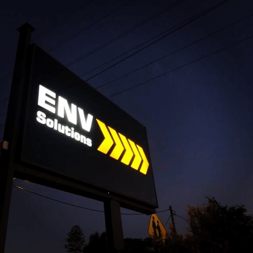 A Sign for Env Solutions is Lit Up at Night — Sign Media Solutions in Ballina, NSW