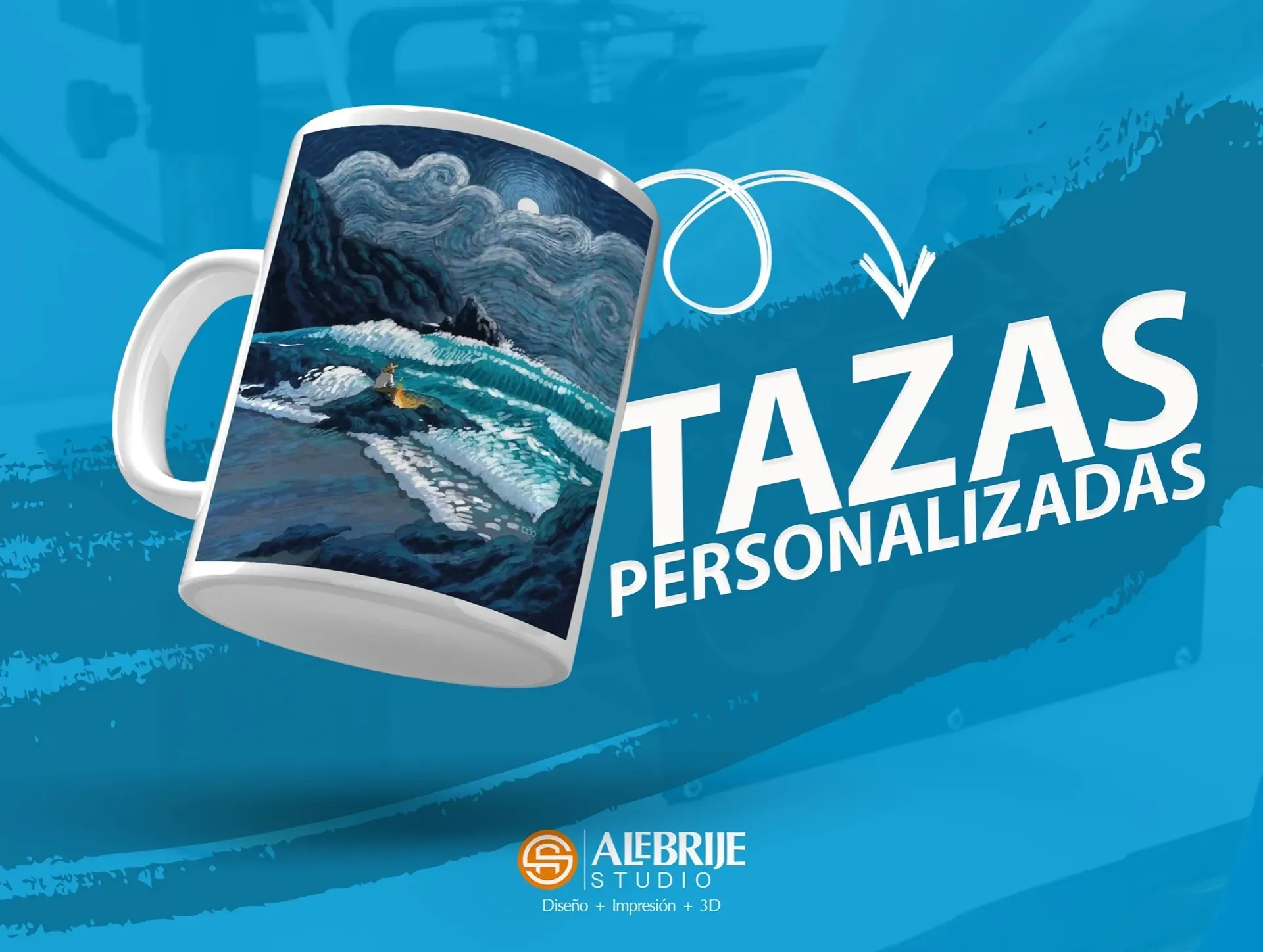 Una taza con una imagen de una ola sobre un fondo azul.