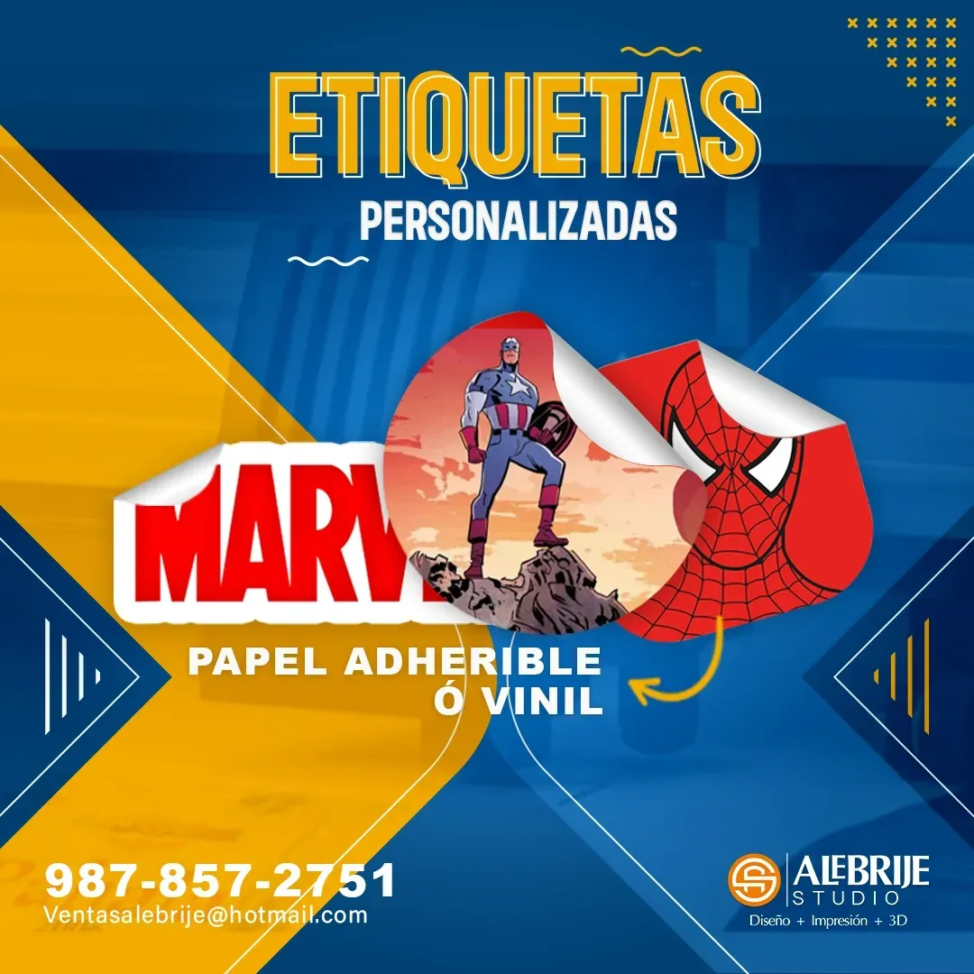 An advertisement for etiquetas personalizadas marvel paper adherible o vinil