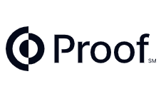 Proof logo: a stylized target symbol with a dark blue and white color scheme, followed by the word
