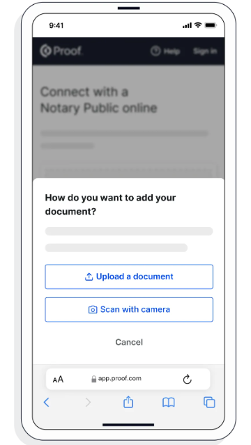 Screenshot of a mobile app with options to upload or scan a document for notarization.