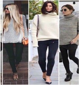 A collage of four pictures of women wearing sweaters and leggings.