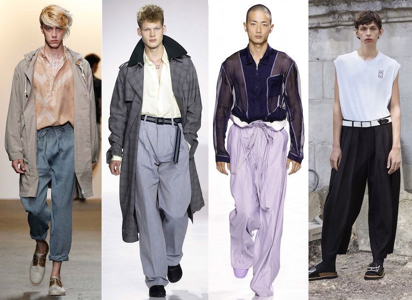 A collage of four pictures of men wearing wide leg pants