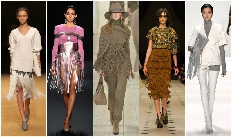 A collage of four pictures of women walking down a runway wearing fringe.