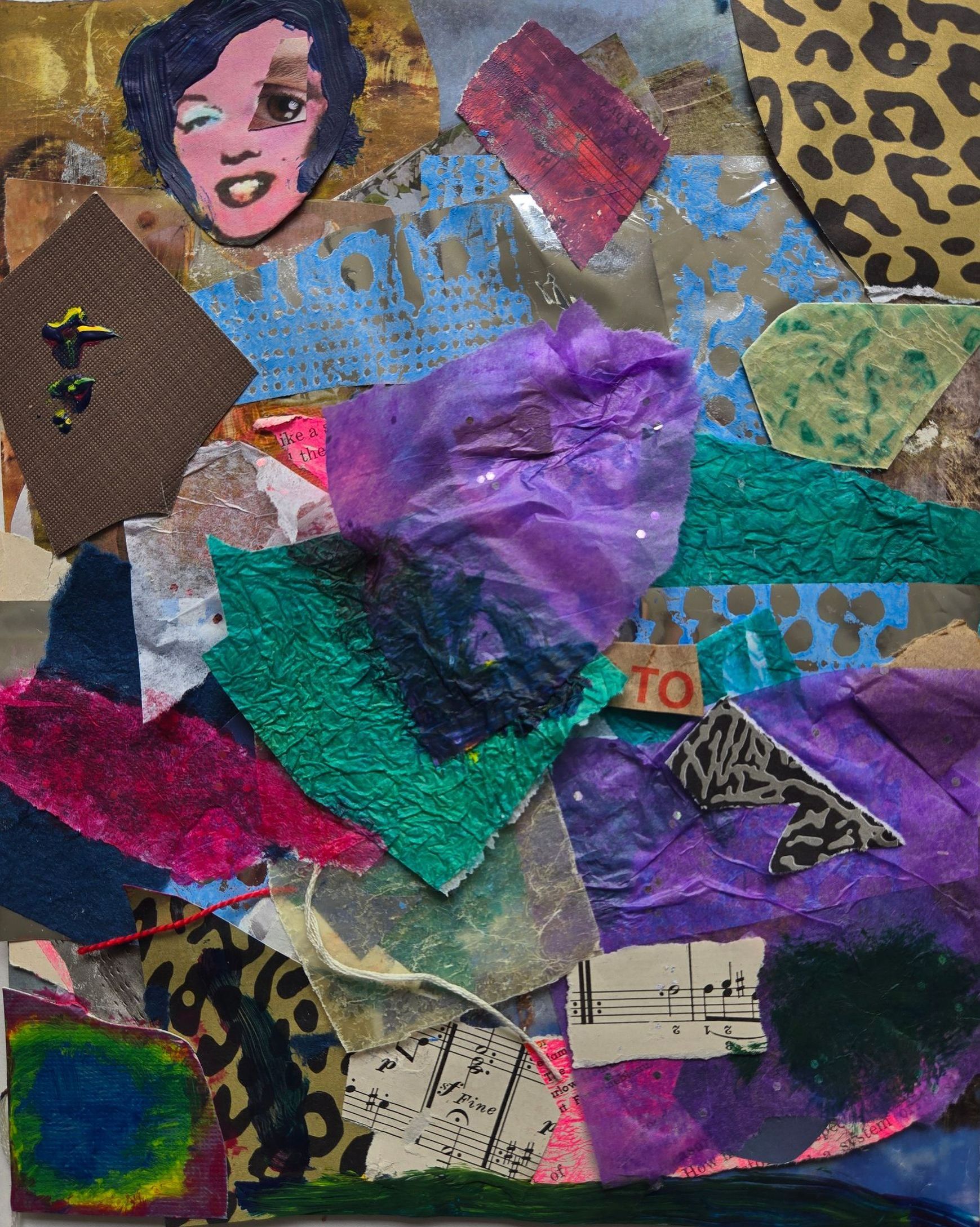 Collage: Marilyn Monroe face, leopard print, purple and green textures, torn paper pieces.