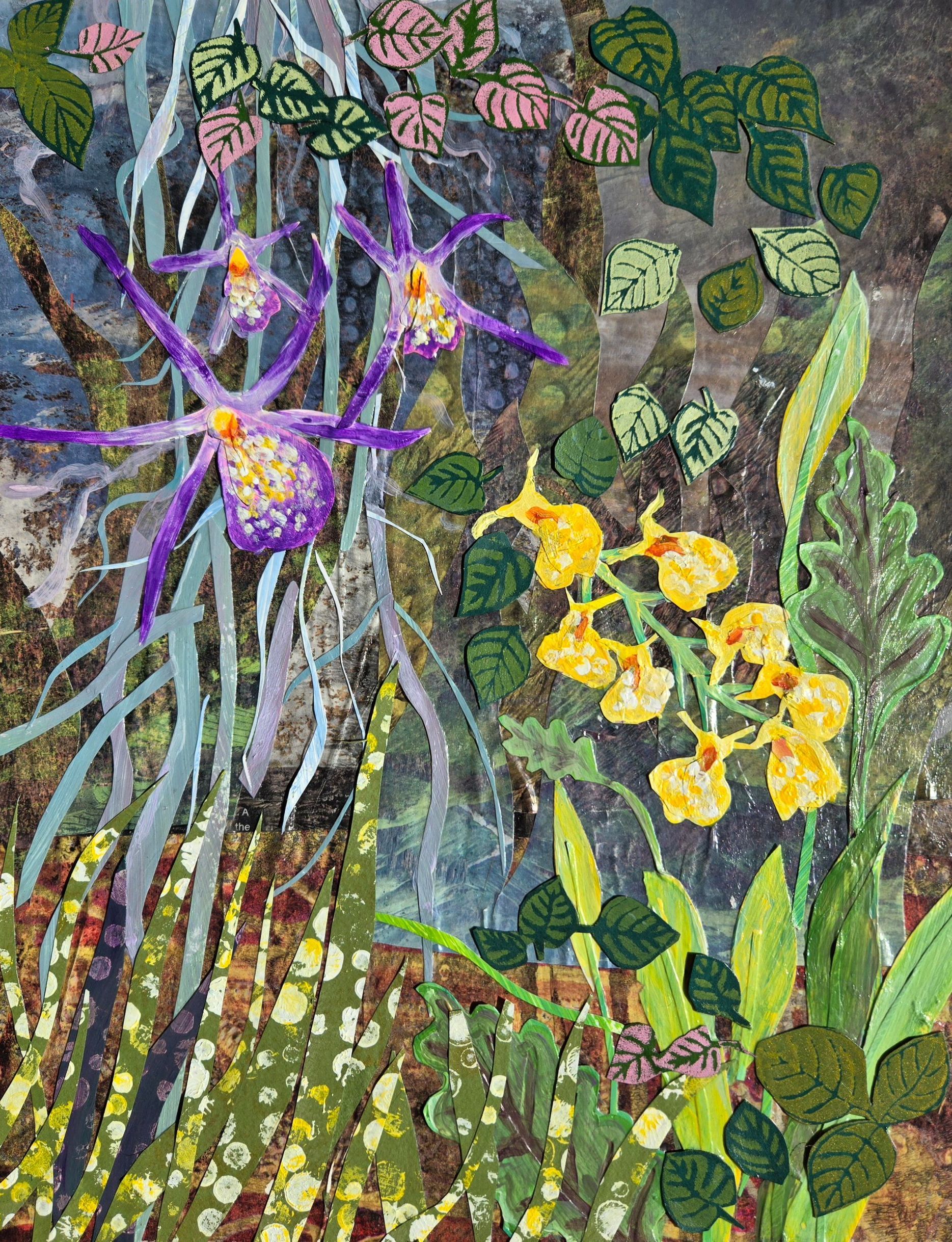 Purple and yellow orchids in a lush, colorful jungle setting.