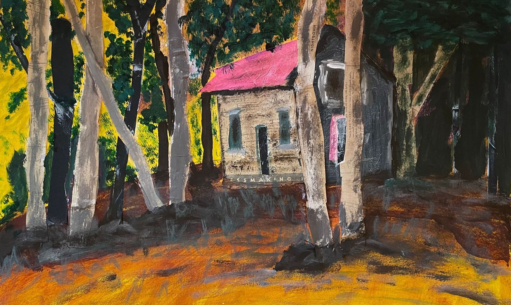 Cabin with pink roof amidst trees in a forest, warm light on the ground.
