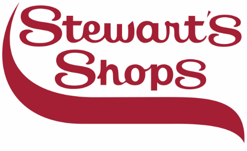Stewart's Shops logo: maroon cursive text over a maroon curved banner.