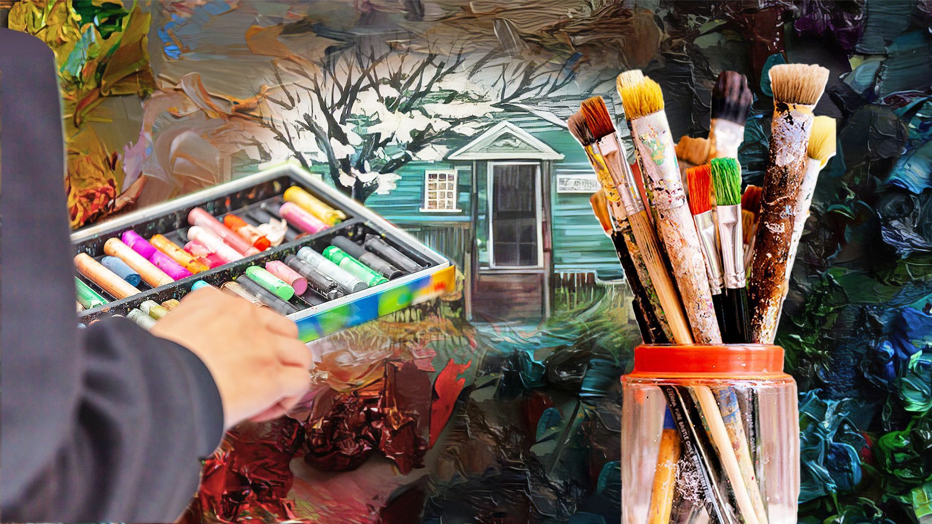 Artist's hand holding pastels, paintbrushes in a jar, with a painting of a house in the background.