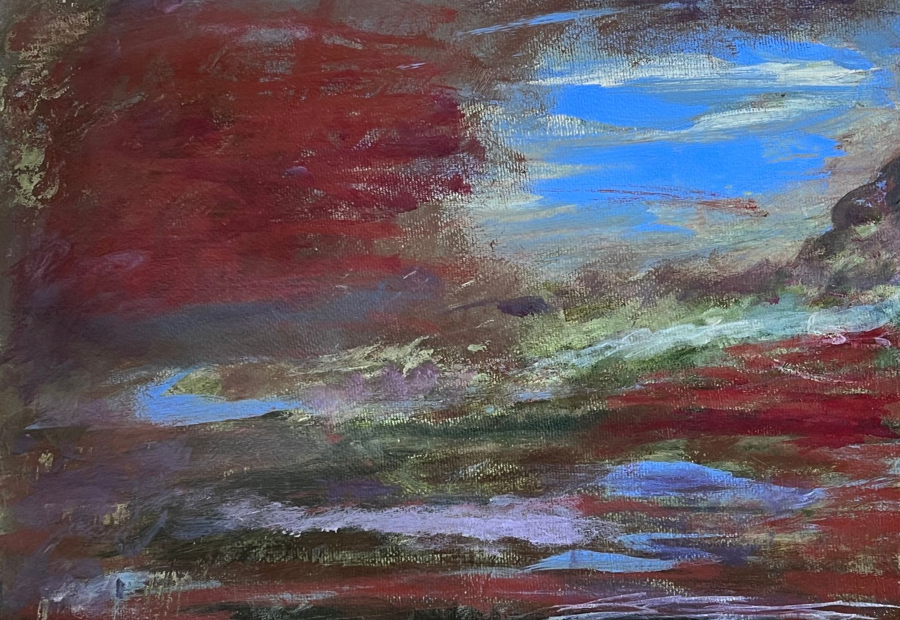 Crimson and gray sky with patches of blue, abstract painting.