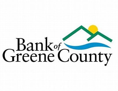 Bank of Greene County logo: black text, green mountains, blue water, yellow sun.