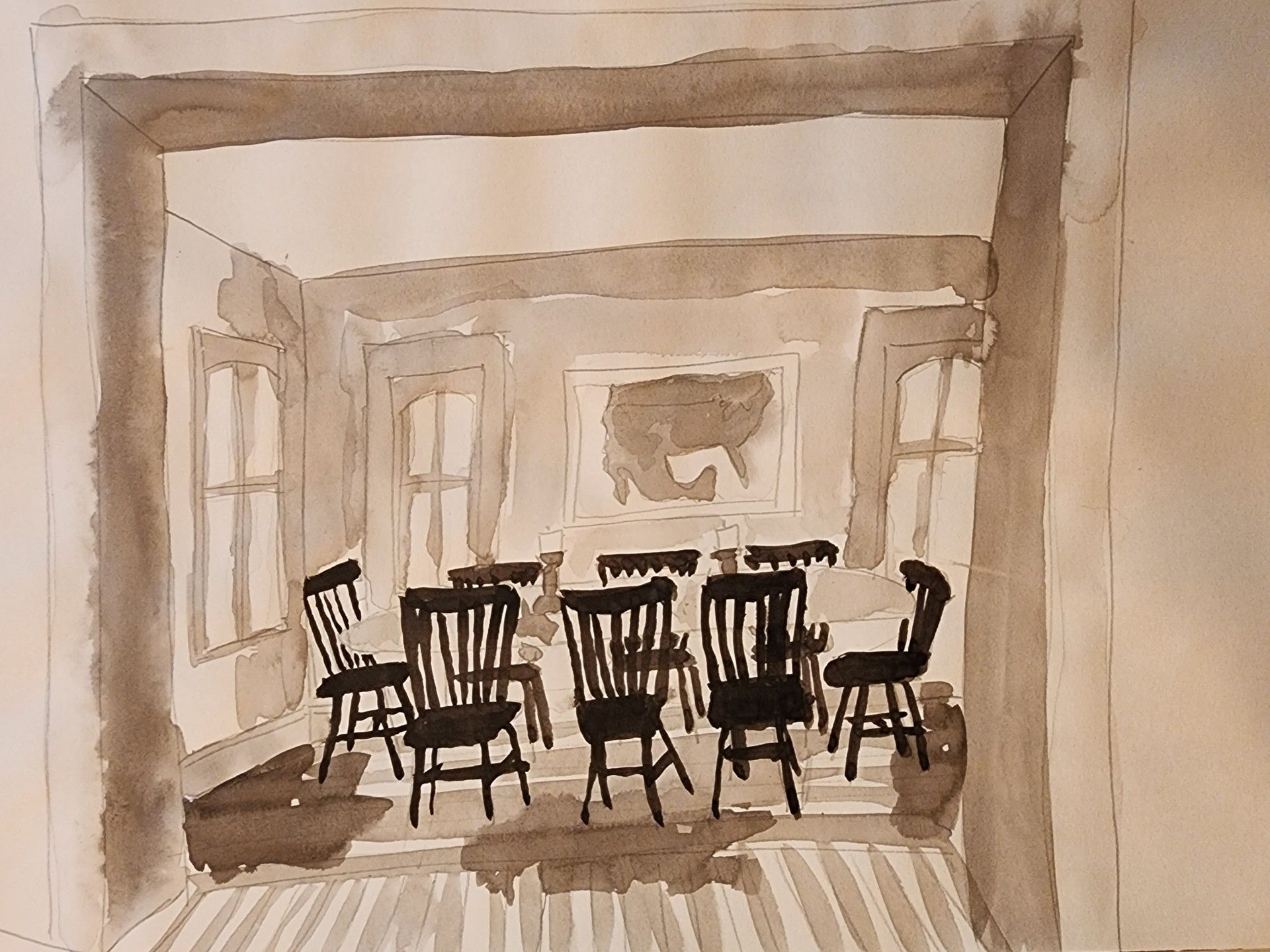 Dining room watercolor: table with chairs, windows, rug. Muted browns and whites.