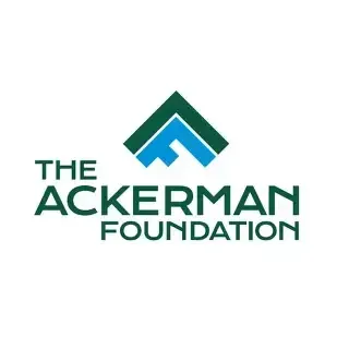 Logo for The Ackerman Foundation: dark green and blue mountain-like shape above the text 