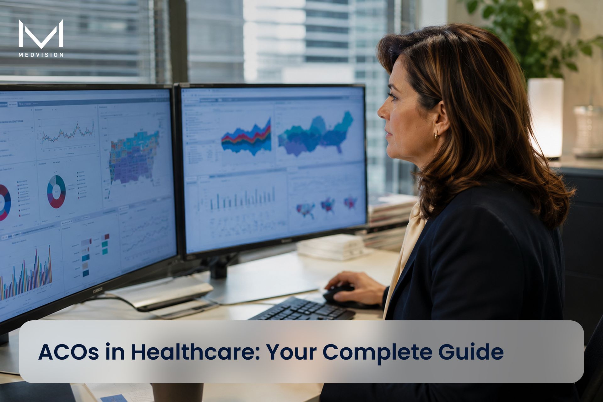 Healthcare administrator reviewing ACO performance data, population health dashboards, and care coor