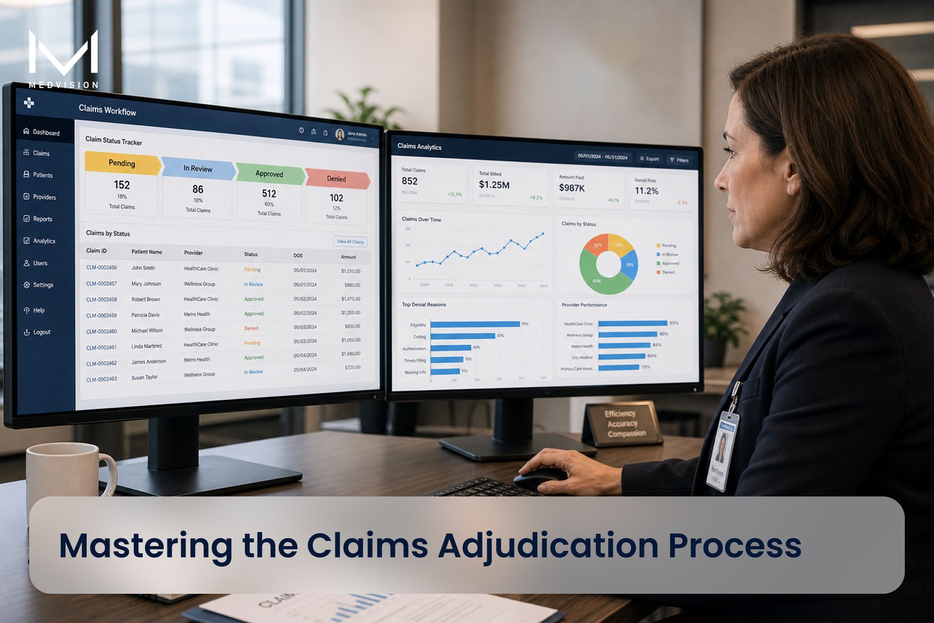 Healthcare administrator reviewing an automated claims adjudication workflow dashboard.