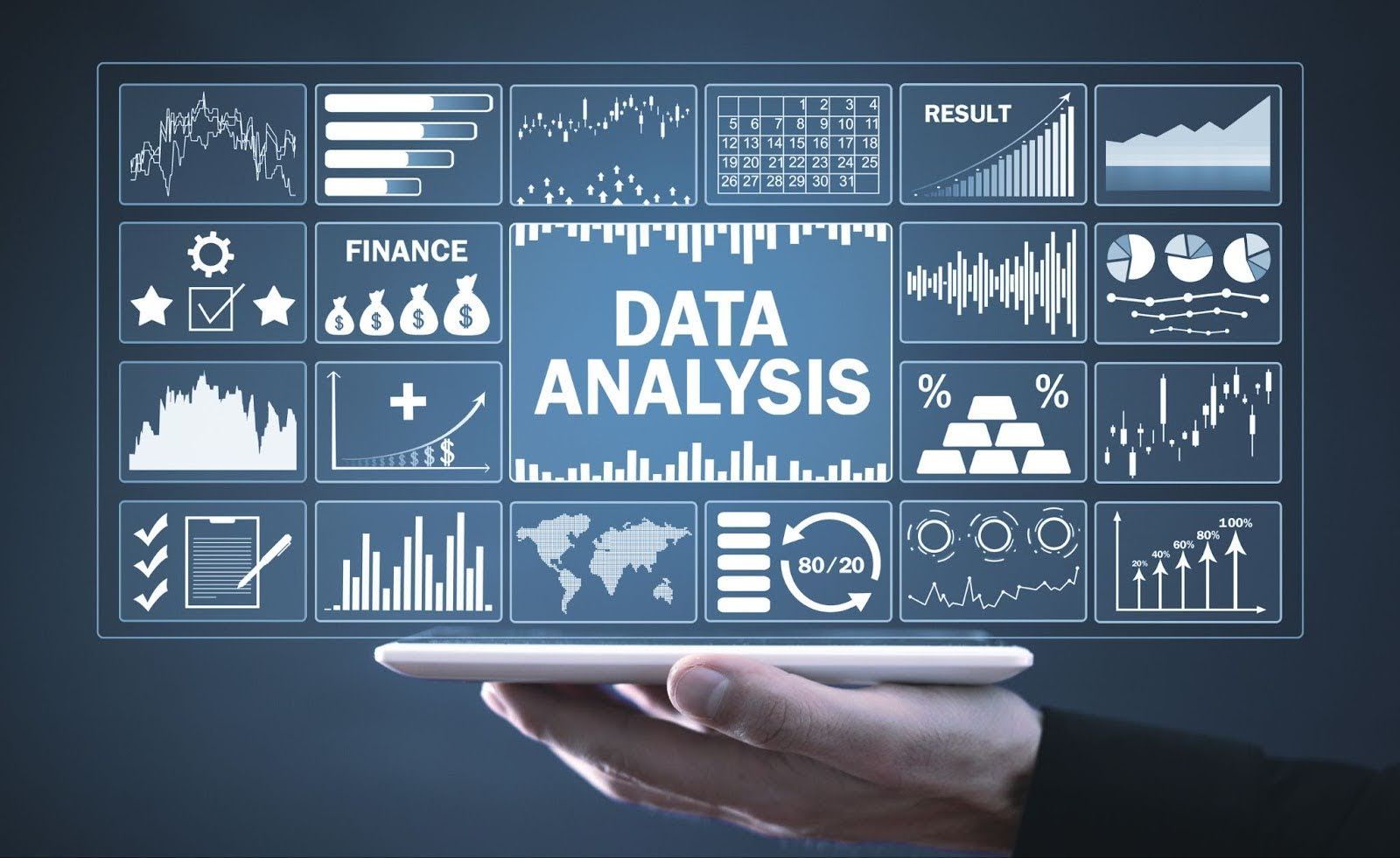 A healthcare professional displays a tablet with interactive data analysis and financial charts.