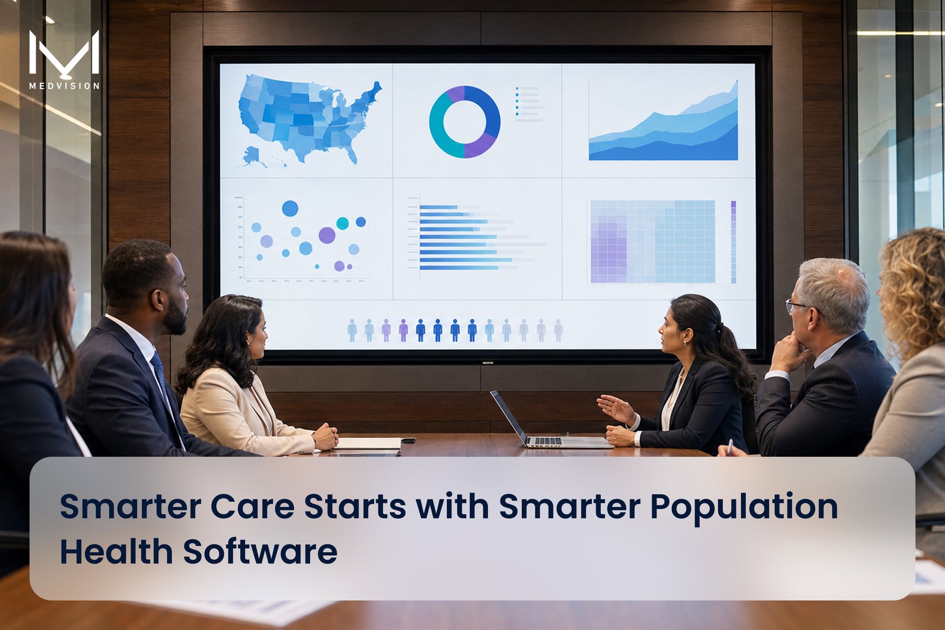 Payer and clinical leadership team reviewing a population health management software dashboard to im