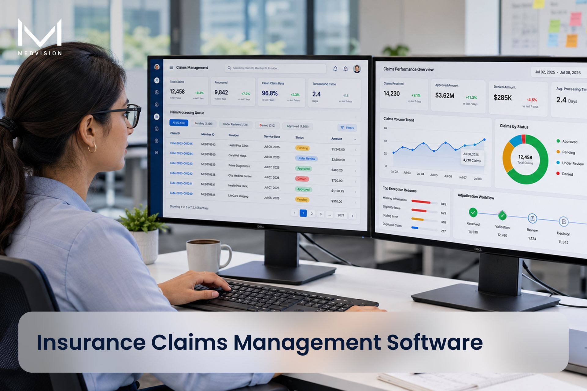 A payer operations specialist reviewing a claims management dashboard across dual monitors, with cla