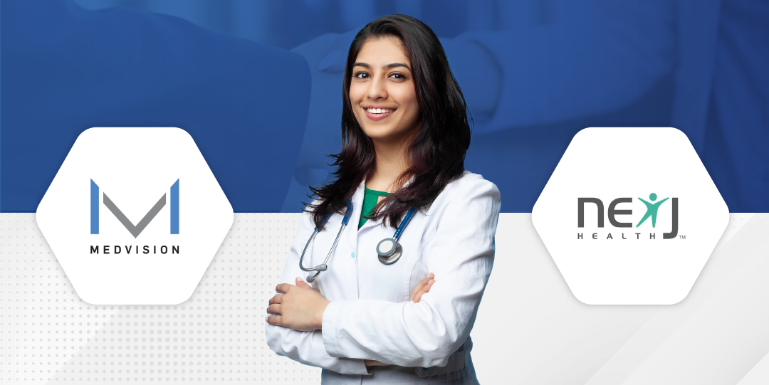 a woman in a white coat with a stethoscope around her neck is standing in front of two logos .