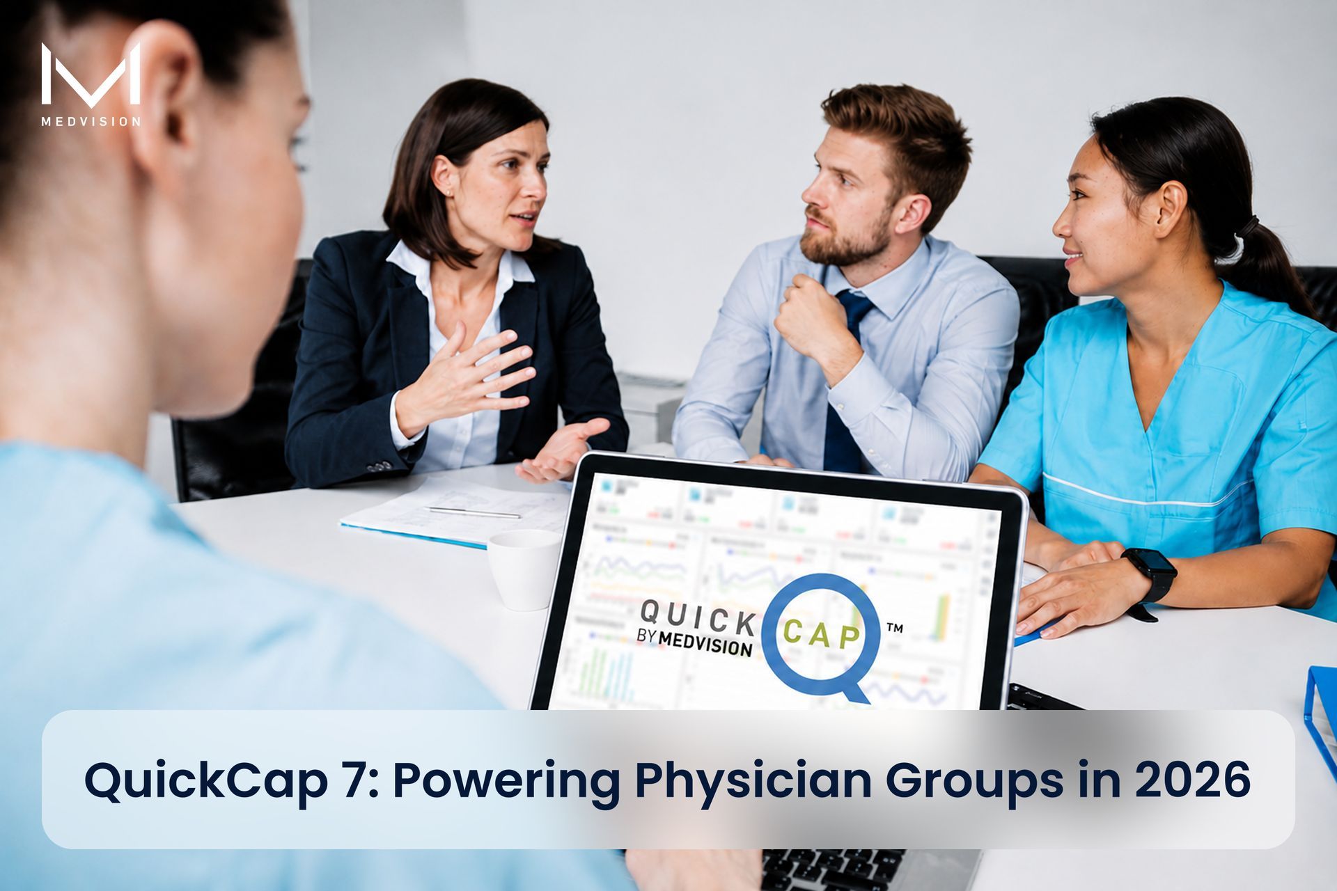 Physician group leaders and administrators reviewing a value-based care administration platform with managed care performance metrics.
