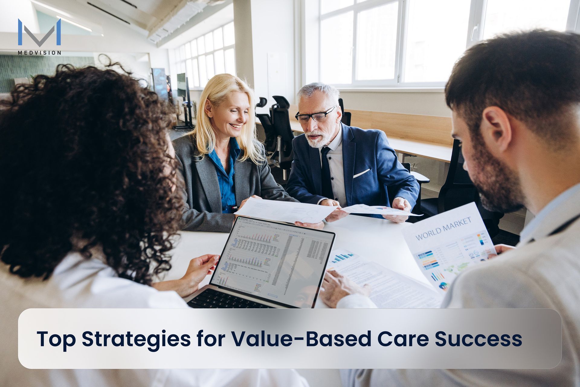 Healthcare professionals discussing data insights on an integrated value-based care platform.