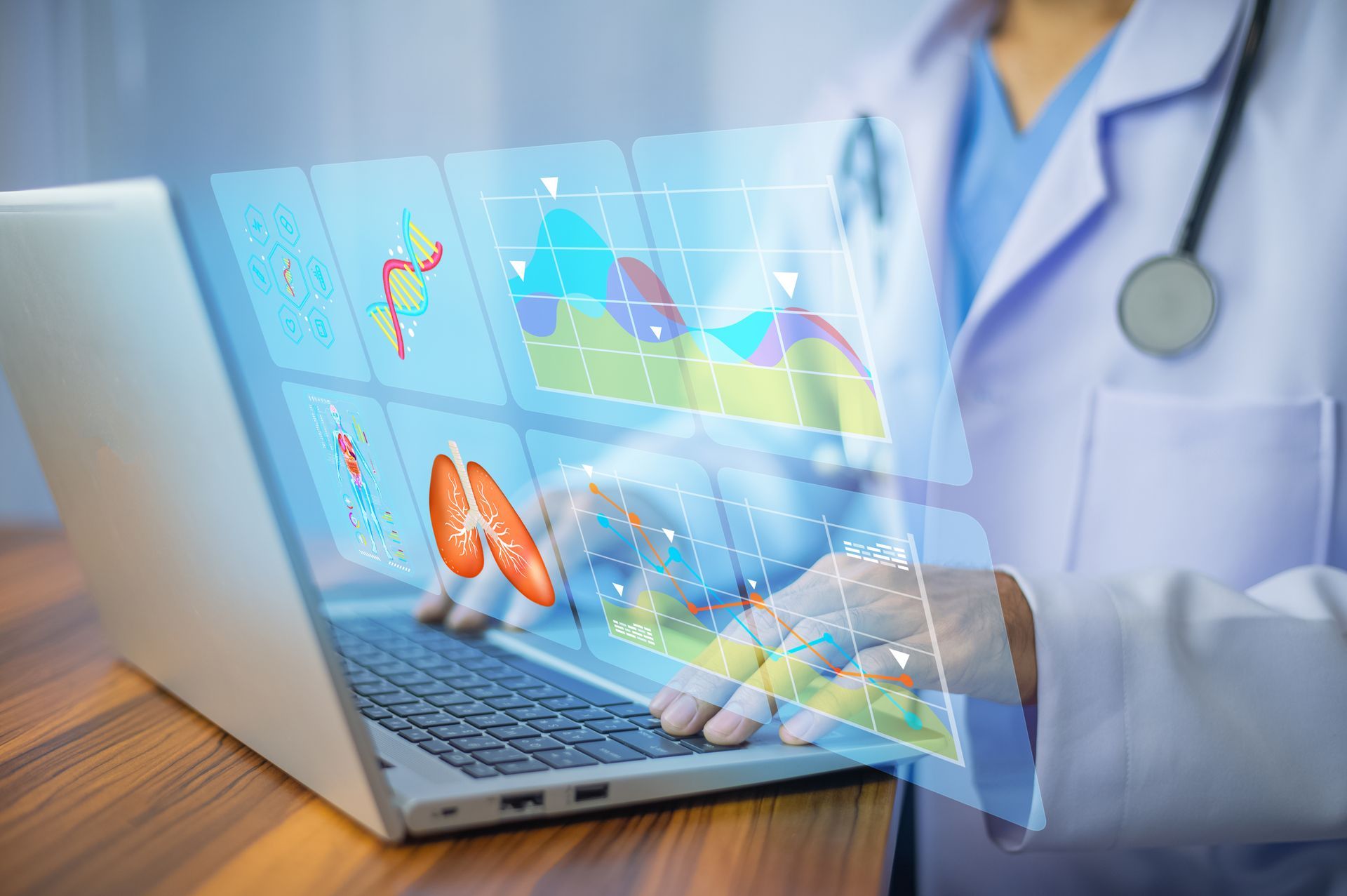 A medical professional utilizing healthcare data analytics for real-time patient data visualization and analysis.