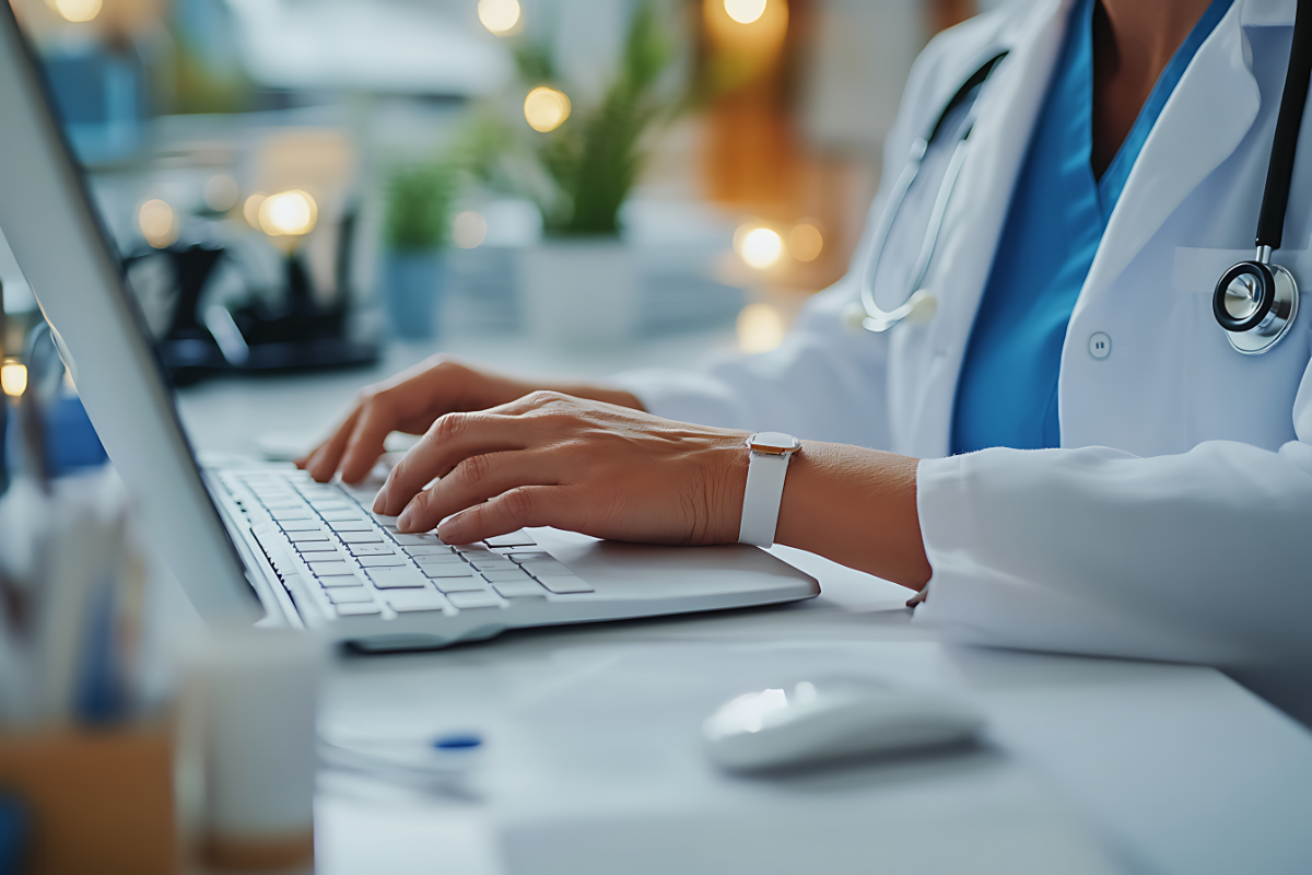 A healthcare professional in front of the computer using CMS value-based care