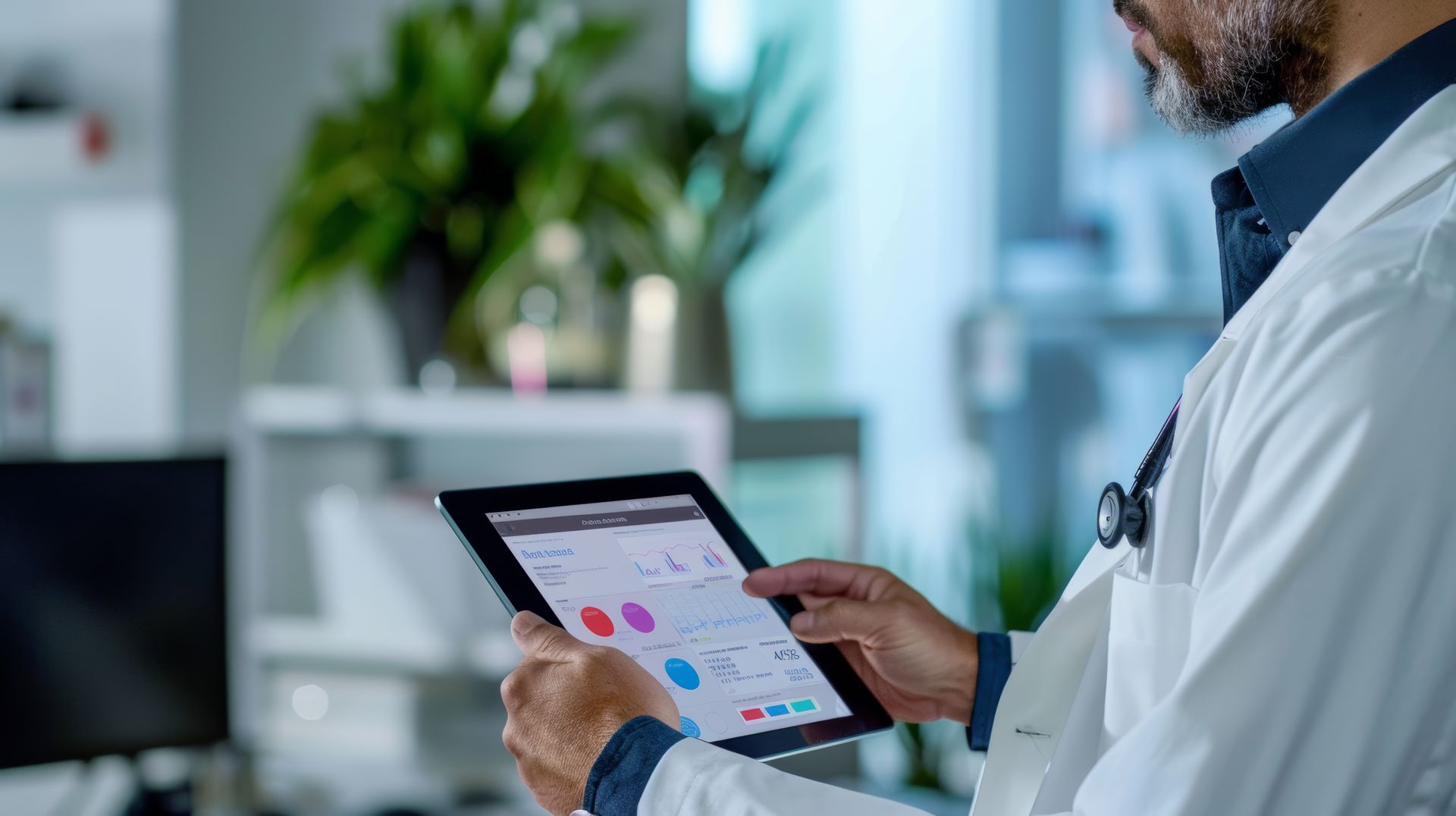 A doctor on his tablet utilizing predictive analytics models to improve patient outcomes.