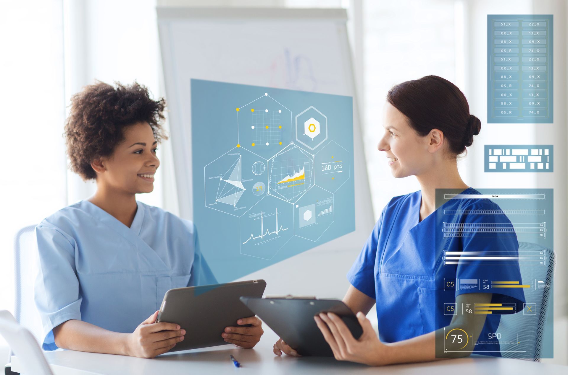 Two nurses are sitting at a table looking at a tablet