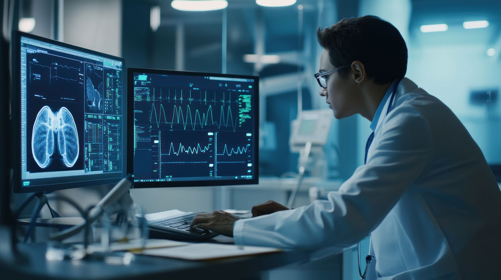 A doctor examining patient data on their computer to detect diseases early.