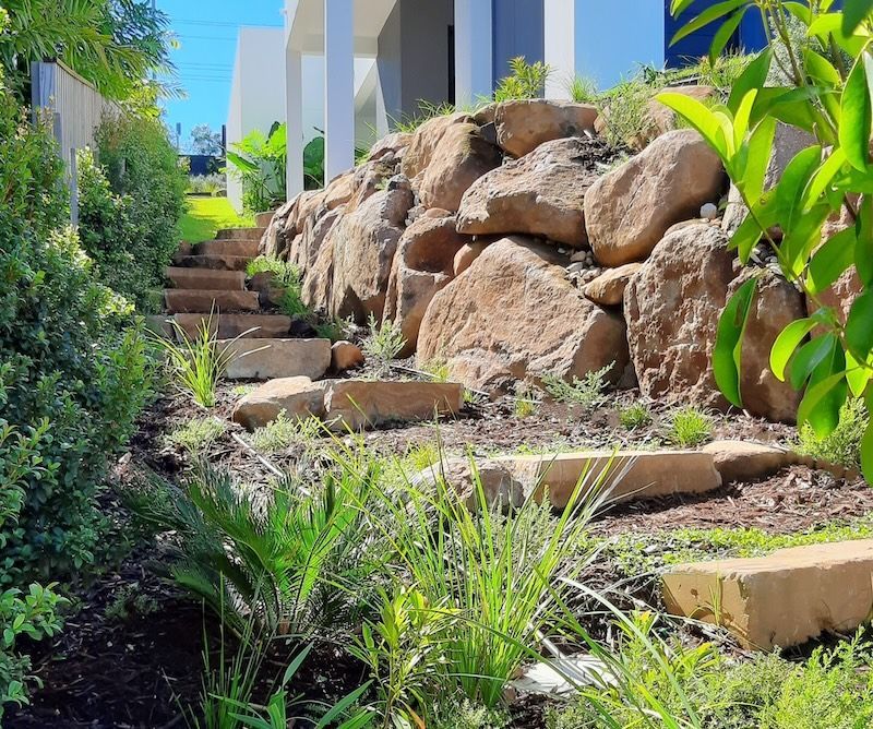 A Sprinkler Is Spraying Water On A Lush Green Lawn Surrounded By Palm Trees — Full Circle Landscaping in Uki, NSW