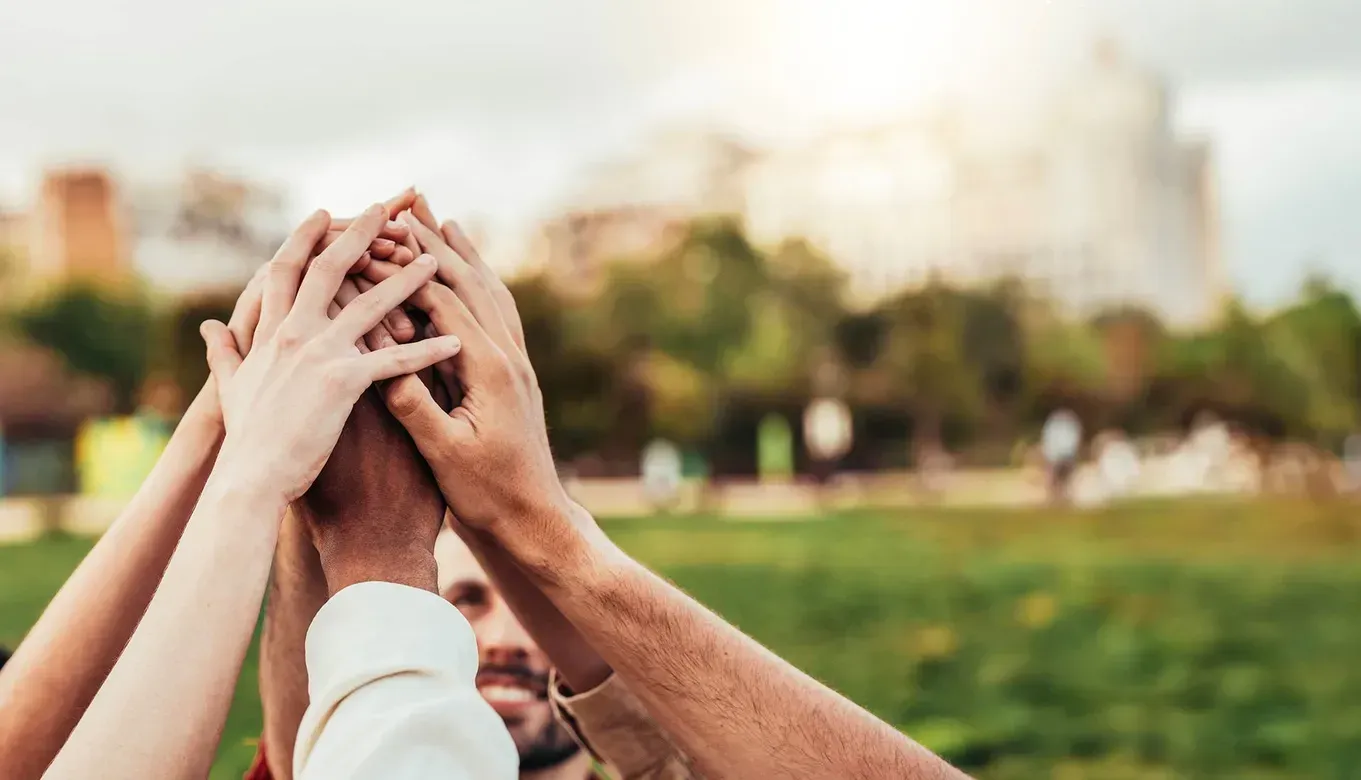 People holding hands in a circle outdoors, arms raised. Sunlight shines behind them in a park setting.
