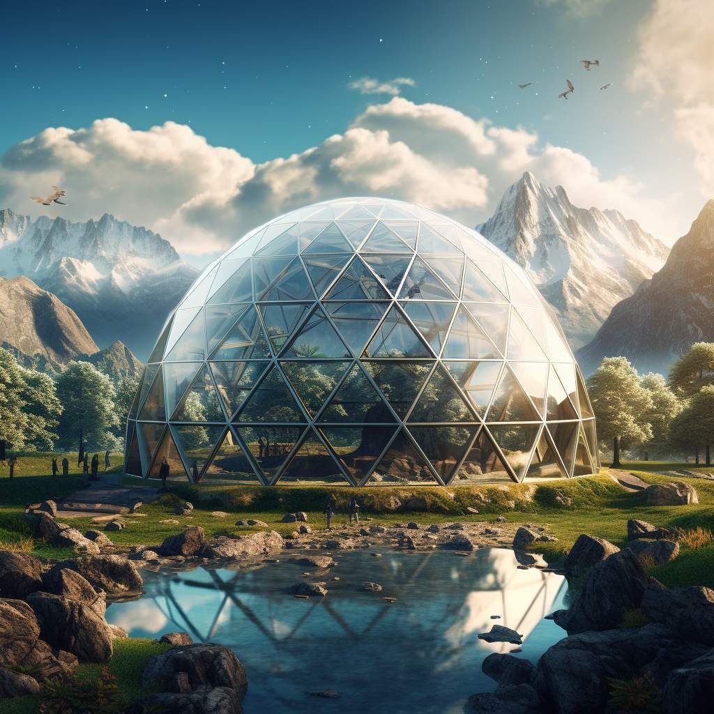 A large, glass dome greenhouse sits in a landscape of mountains, trees, and a lake, reflecting the structure.