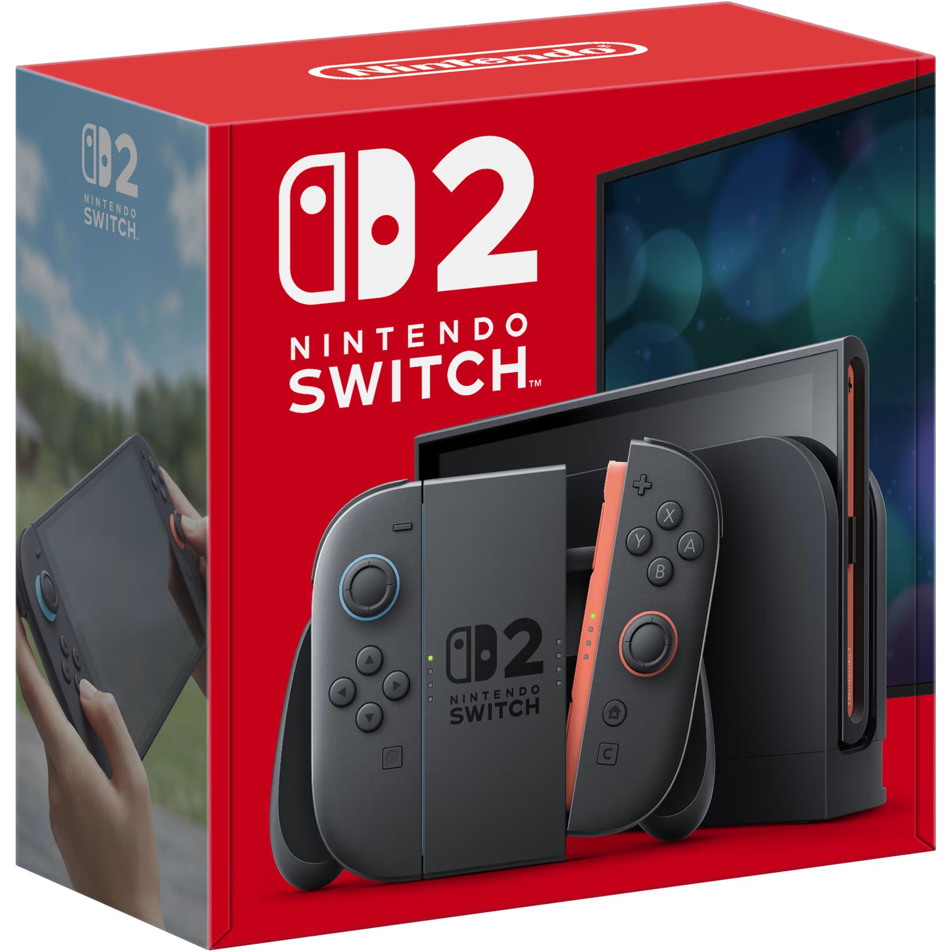 A red box with a Nintendo Switch 2 inside of it
