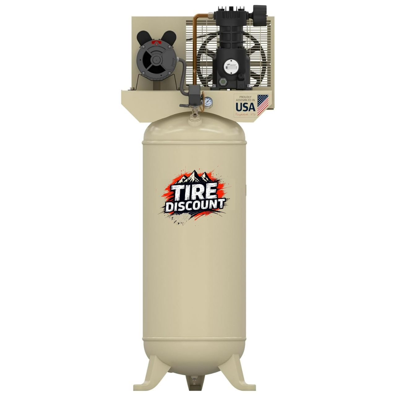 Tan vertical air compressor with "TIRE DISCOUNT" logo.