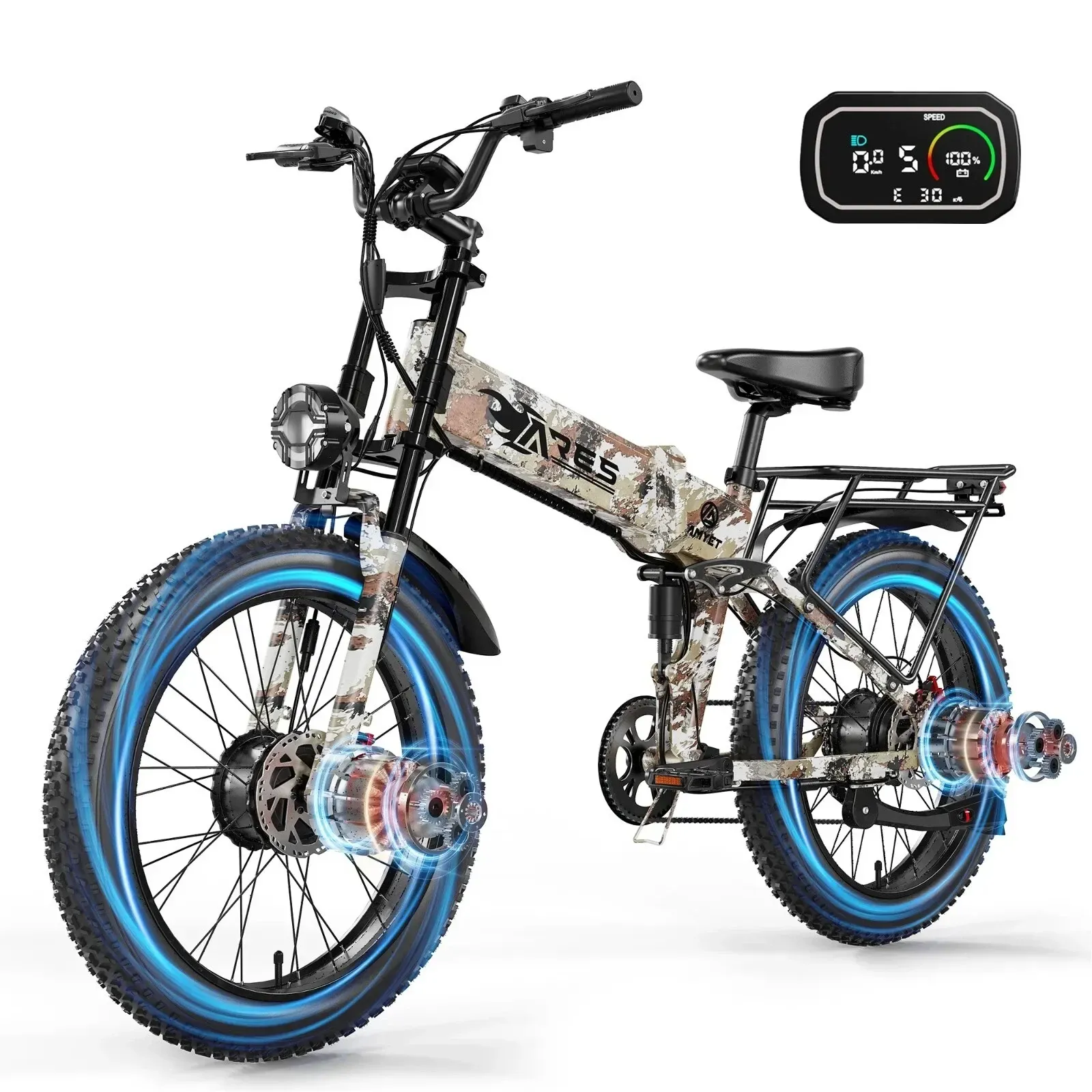 A folding ARES 3000W electric bike with a FAT tire and a remote control.