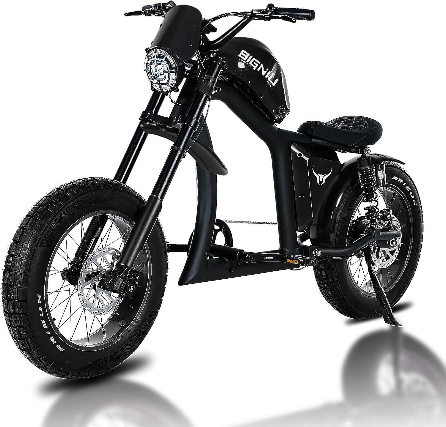A black CHOPT-X motorcycle is sitting on a white surface