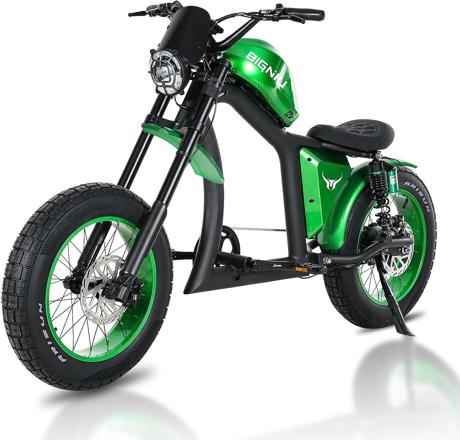A green CHOPT-X motorcycle with black wheels is sitting on a white surface.
