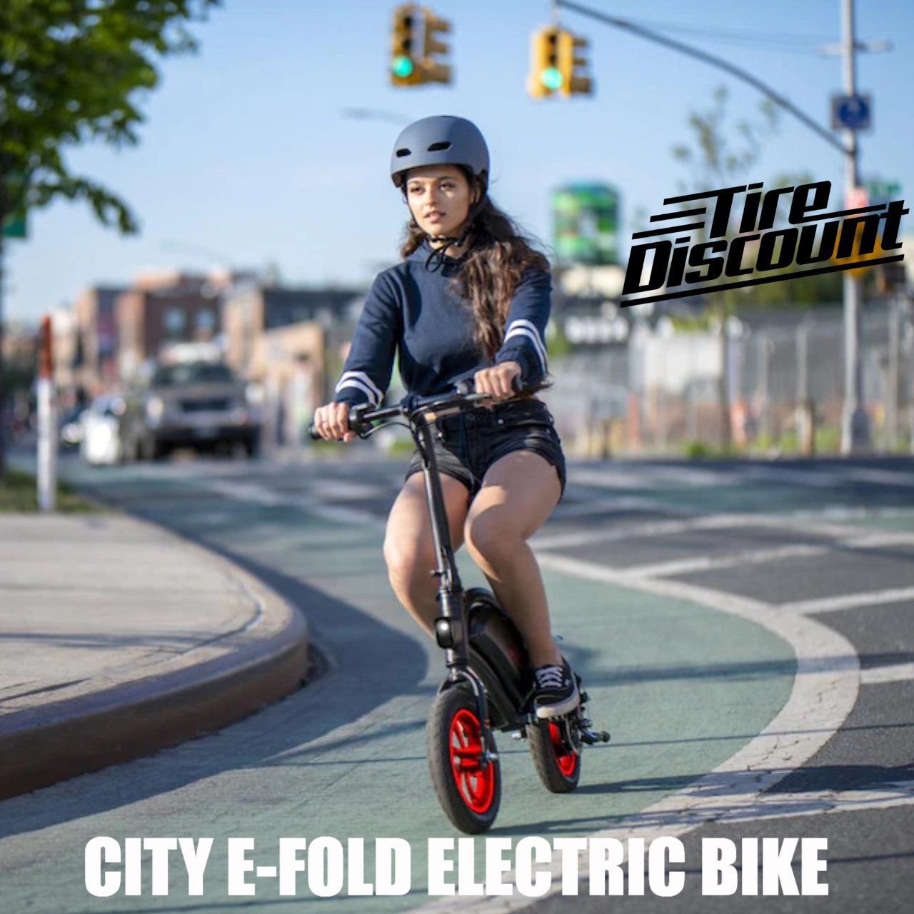 a woman is riding a city e-fold electric bike