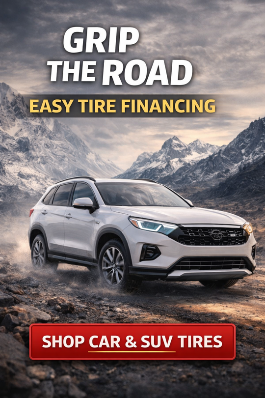 White SUV driving on a dirt road in mountains; text says 
