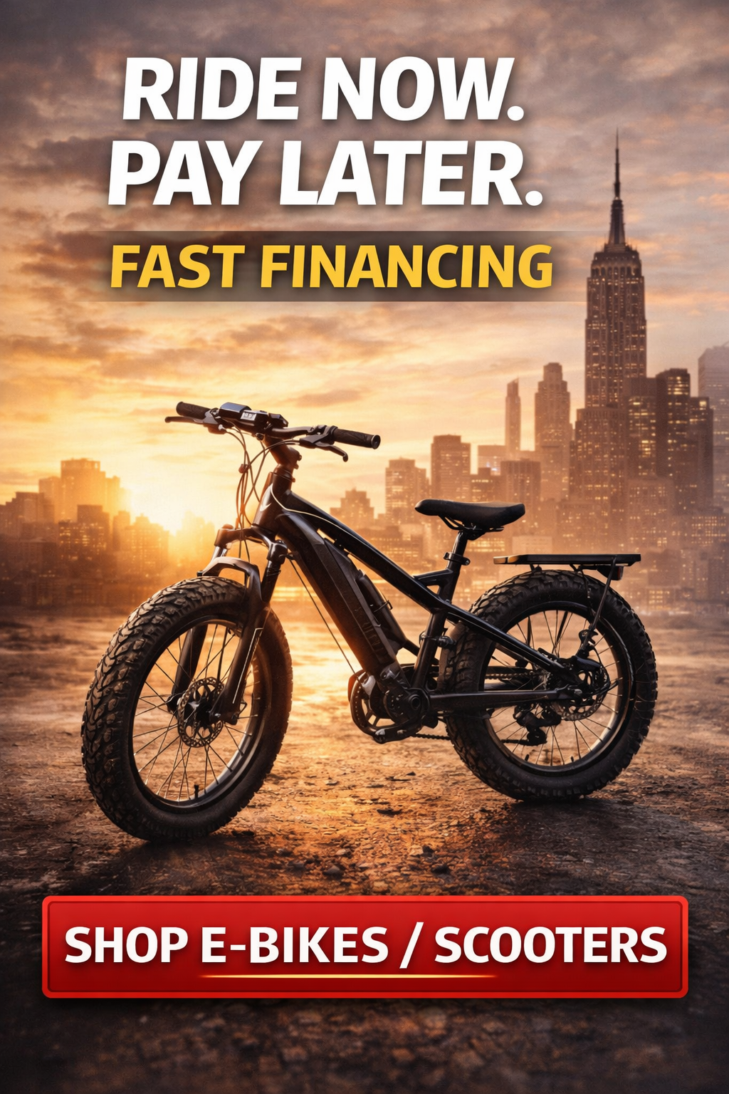 Black e-bike against a cityscape at sunset; advertisement for