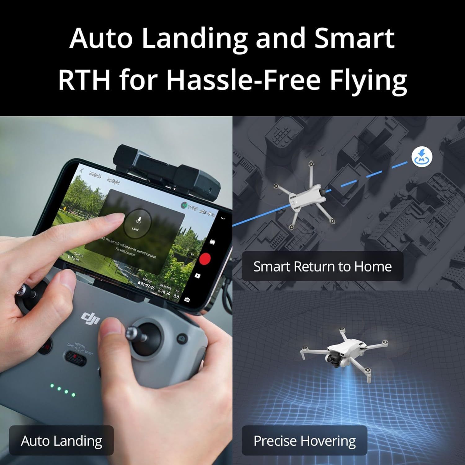 A person is using a DJI remote control to control a DJI MINI 3 drone.