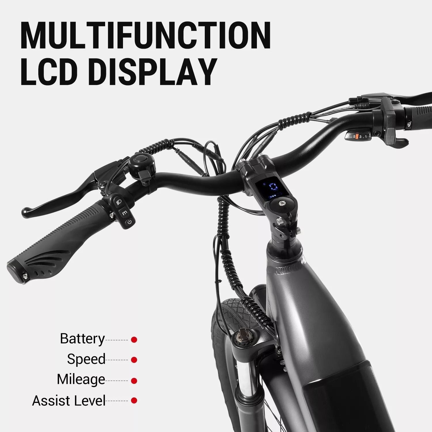 A bicycle with a lcd display that shows the battery , speed , mileage and assist level.