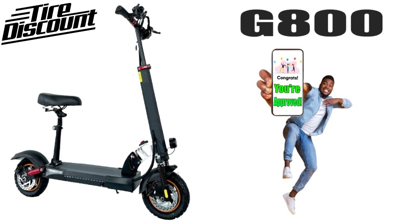 a man is holding a cell phone next to a G800 scooter.