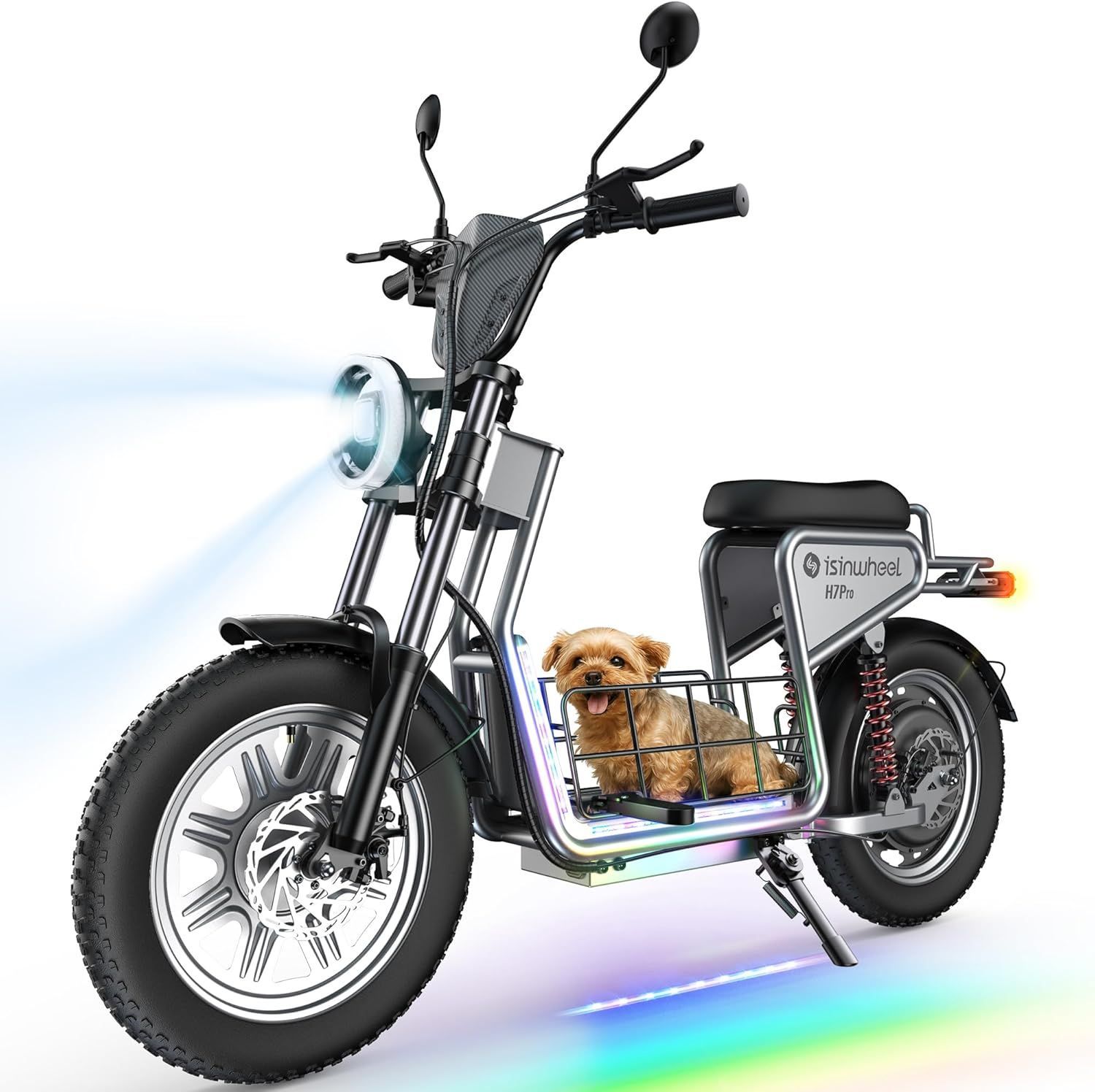 A small dog is sitting on a city pro electric scooter