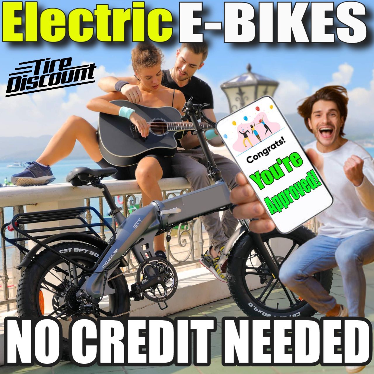 an ad for cheap electric e-bikes that says no credit needed